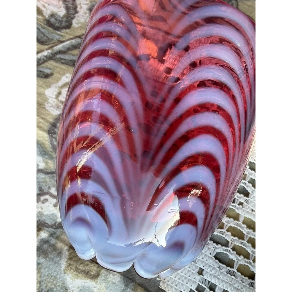 Fenton Fairy Lamp 3 Piece Cranberry Opalescent Swirl Drapery Pattern Candle